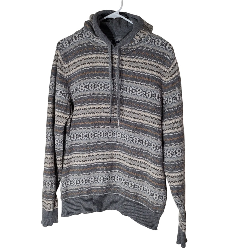 Izod Hooded Sweater Fair Isle Gray Brown Cotton Long Sleeve Mens Large